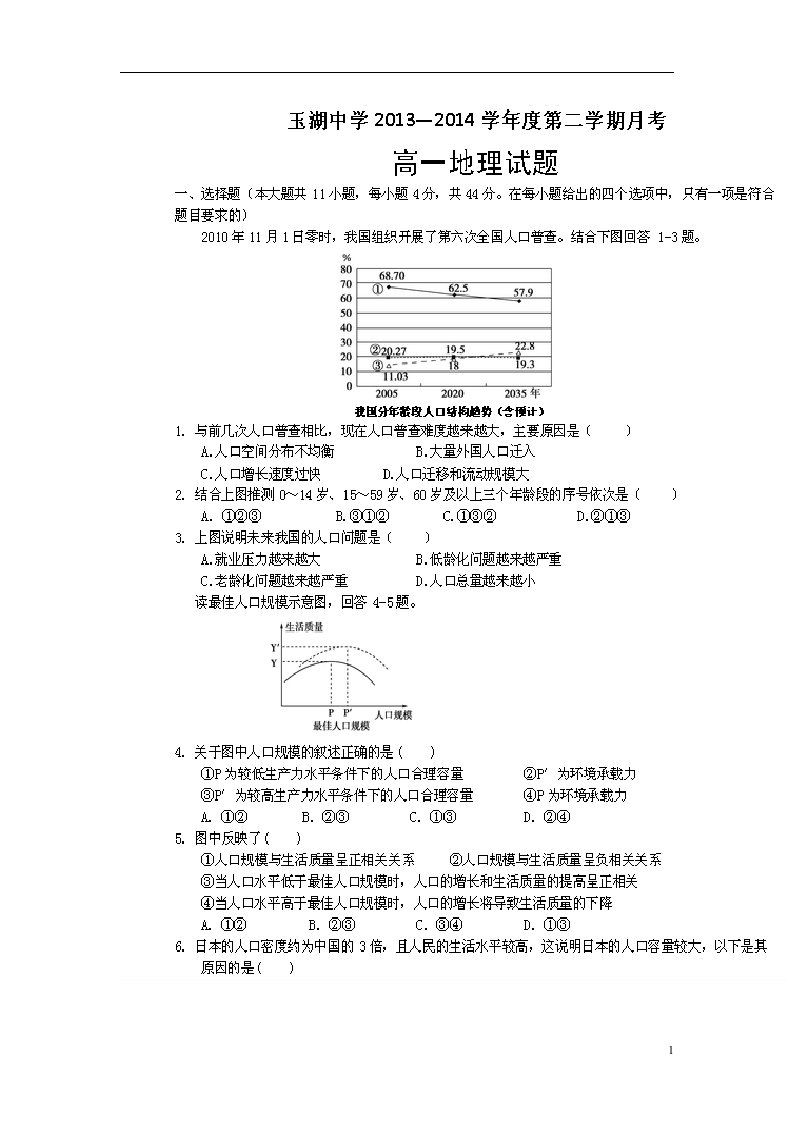 广东省玉湖中学高一地理下学期第一次月考试题（扫描版无答案）中图版