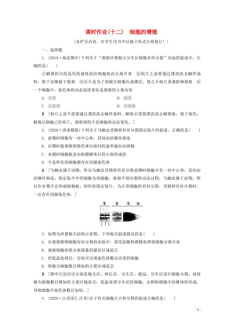 2022届高考生物一轮复习课时作业十二细胞的增殖含解析新人教版