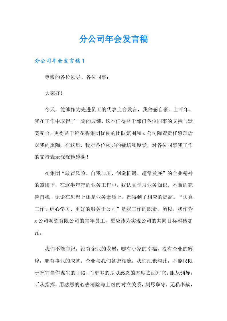 分公司年会发言稿