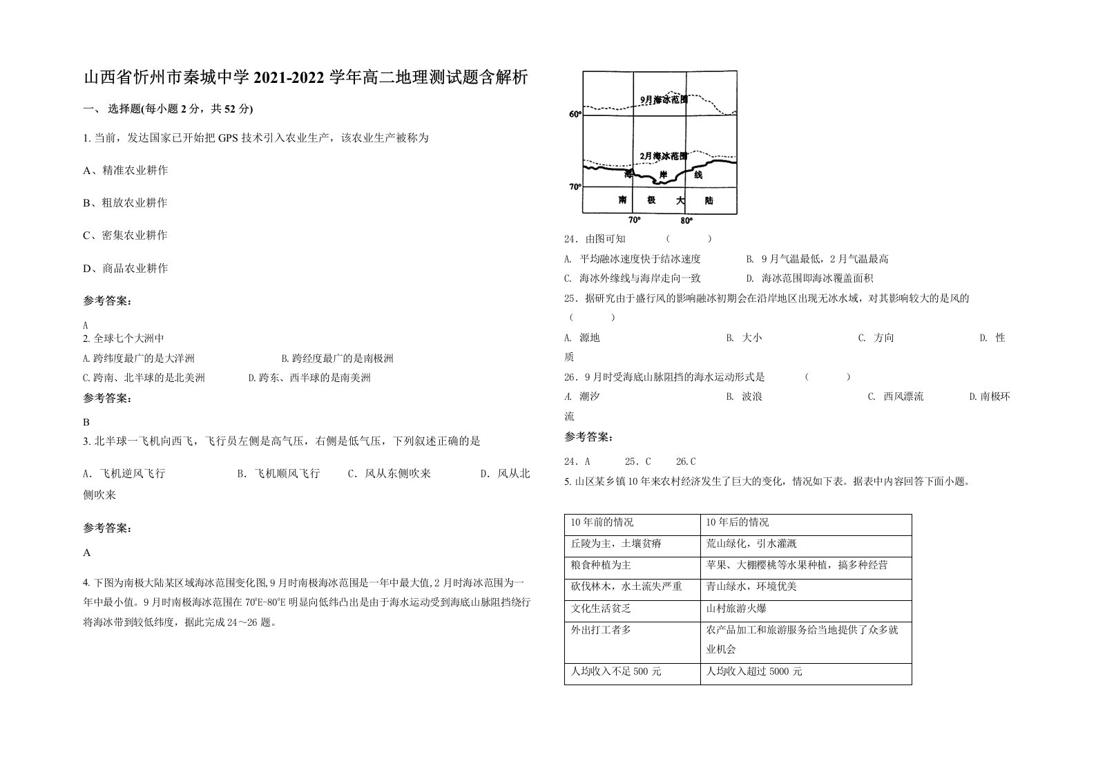 山西省忻州市秦城中学2021-2022学年高二地理测试题含解析