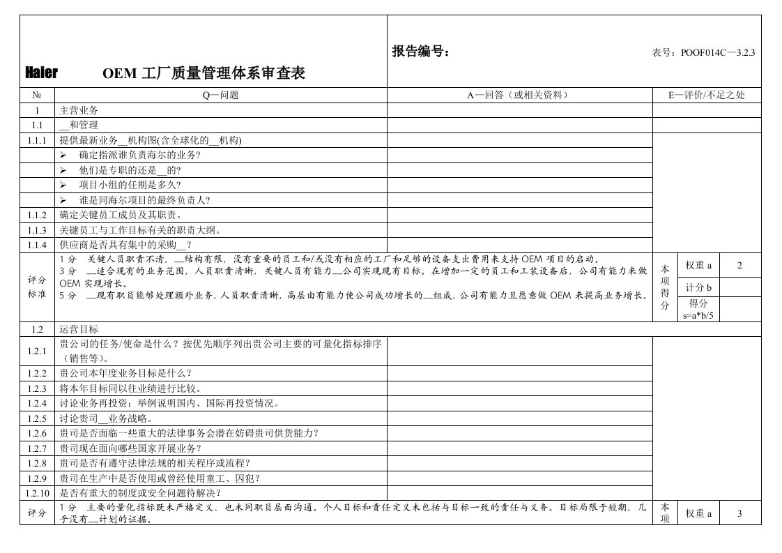 OEM工厂质量管理体系审查表