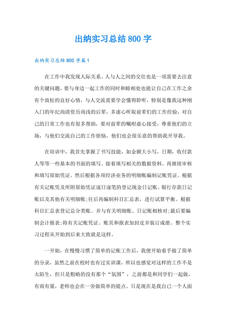 出纳实习总结800字