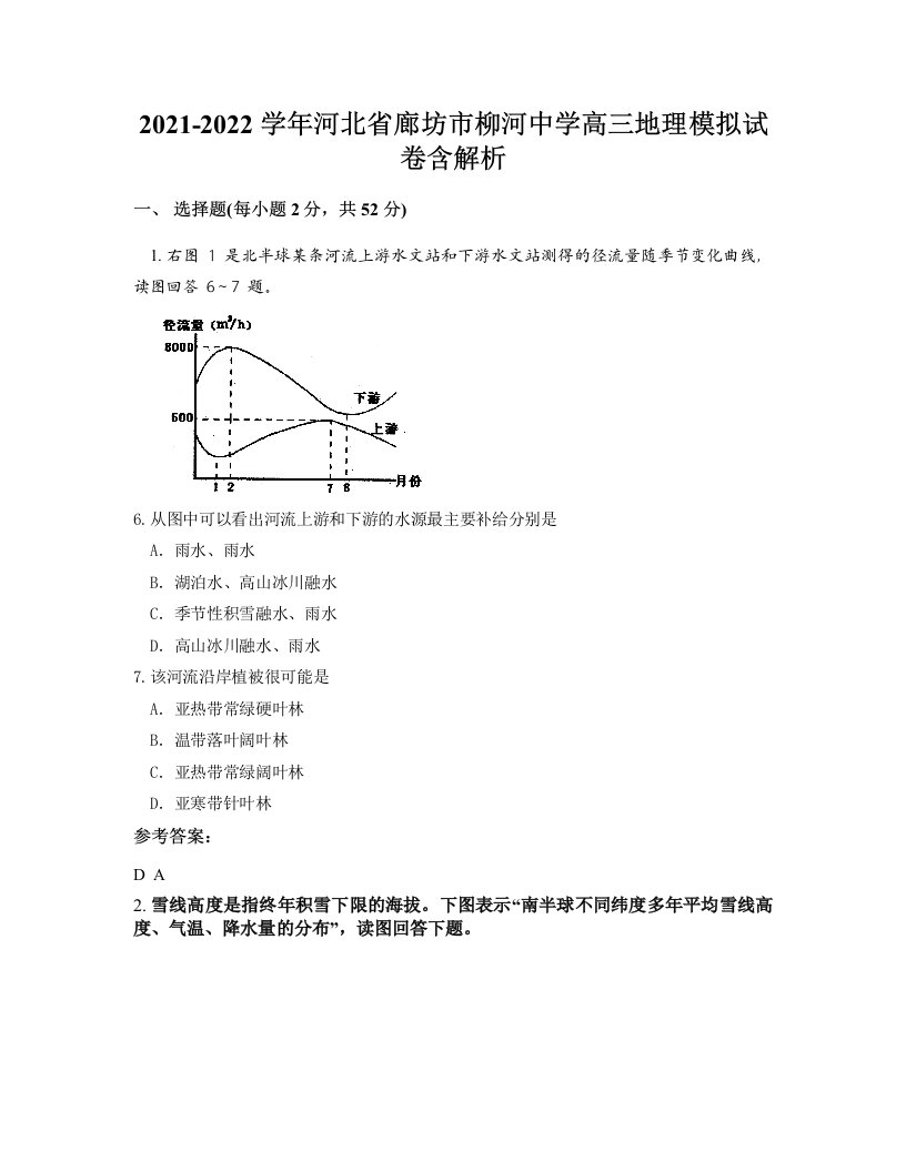 2021-2022学年河北省廊坊市柳河中学高三地理模拟试卷含解析