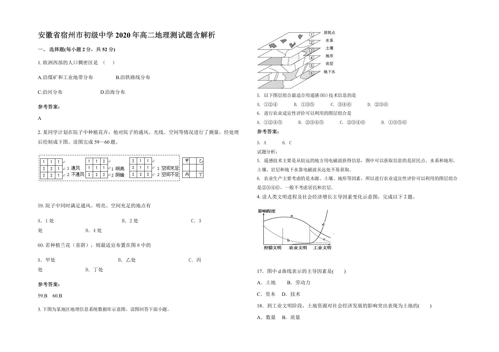 安徽省宿州市初级中学2020年高二地理测试题含解析