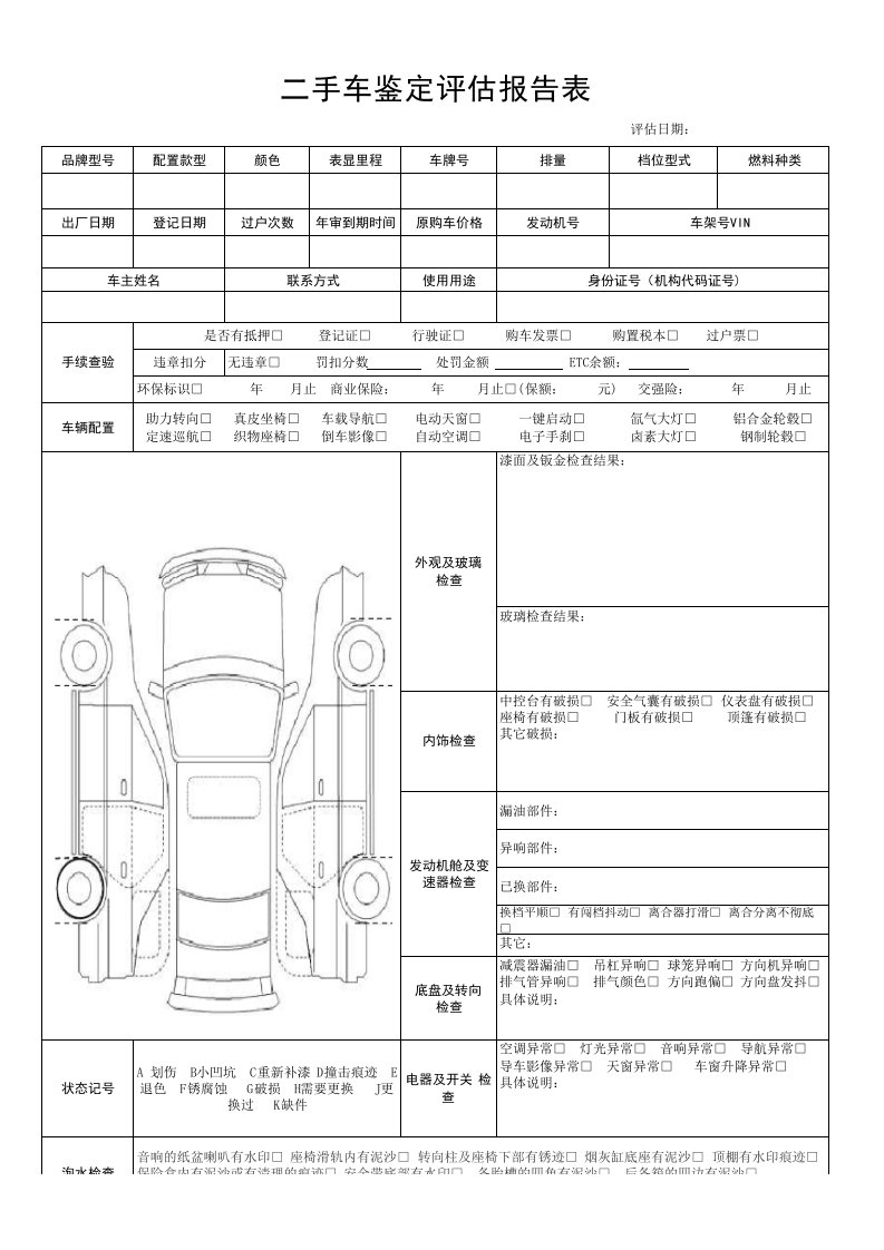 二手车鉴定评估报告表