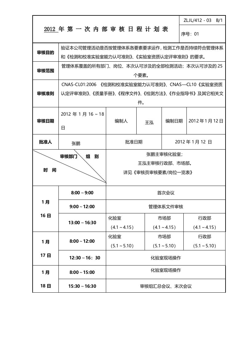 第一次内部审核日程计划表