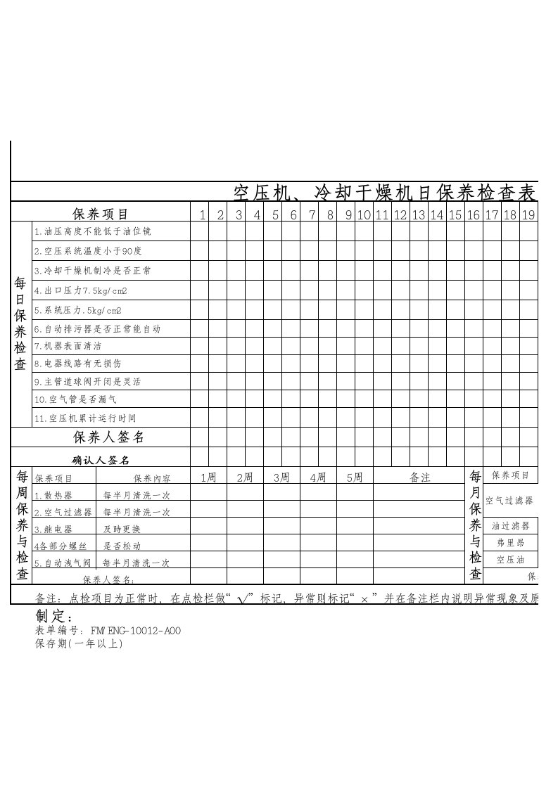 空气压缩机保养记录表