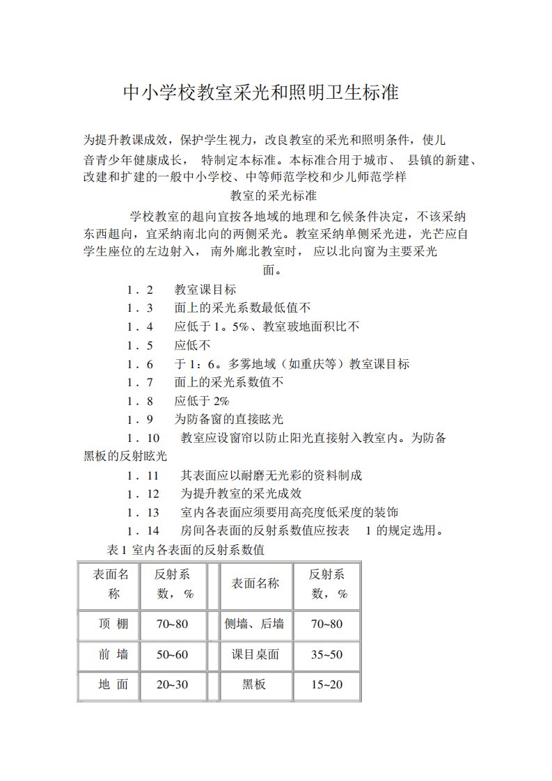 中小学校教室采光和照明卫生标准