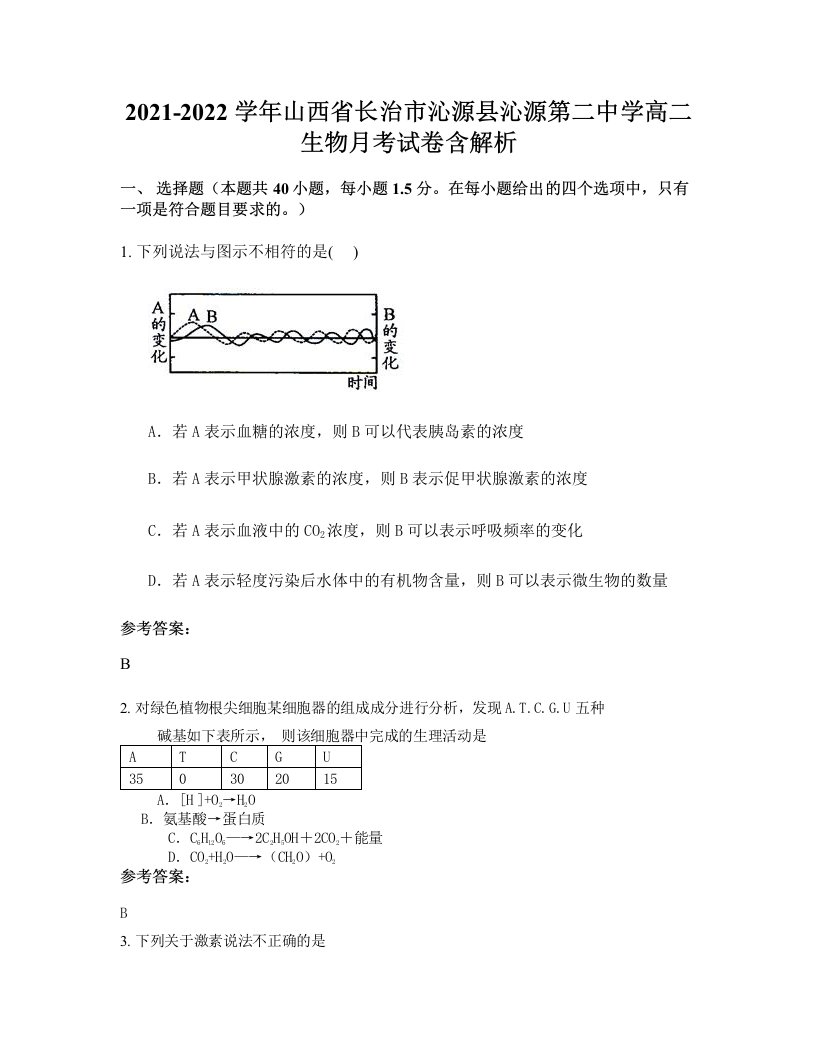 2021-2022学年山西省长治市沁源县沁源第二中学高二生物月考试卷含解析