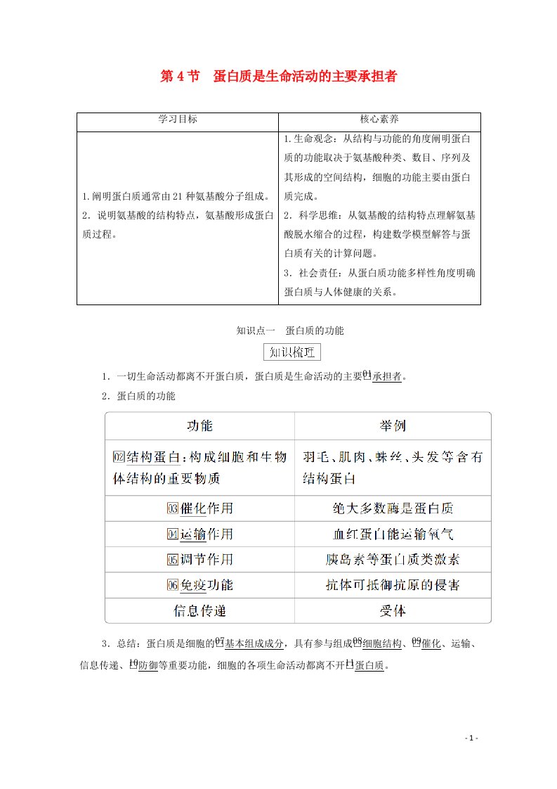 2020年新教材高中生物第二章组成细胞的分子第4节蛋白质是生命活动的主要承担者学案新人教版必修1