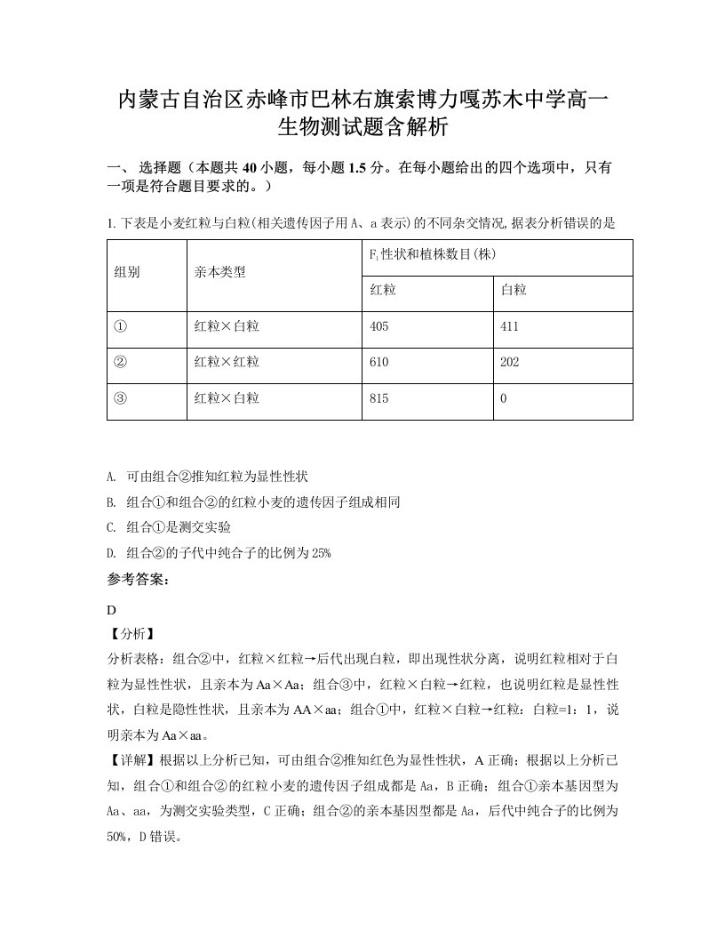 内蒙古自治区赤峰市巴林右旗索博力嘎苏木中学高一生物测试题含解析