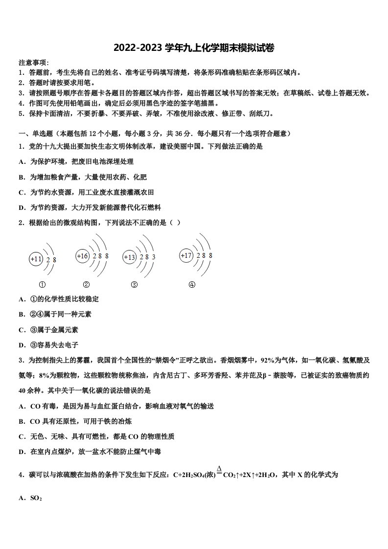 2022年天津市第一中学九年级化学第一学期期末达标检测试题含解析