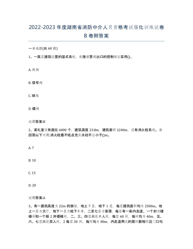 2022-2023年度湖南省消防中介人员资格考试强化训练试卷B卷附答案