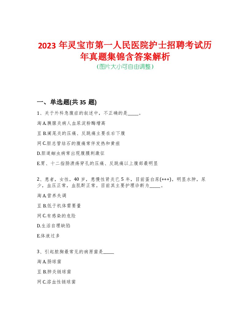 2023年灵宝市第一人民医院护士招聘考试历年真题集锦含答案解析-0