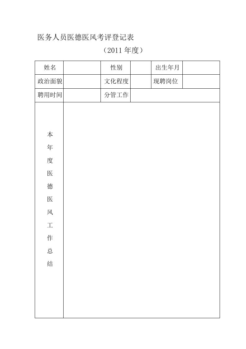 医务人员医德医风考评登记表