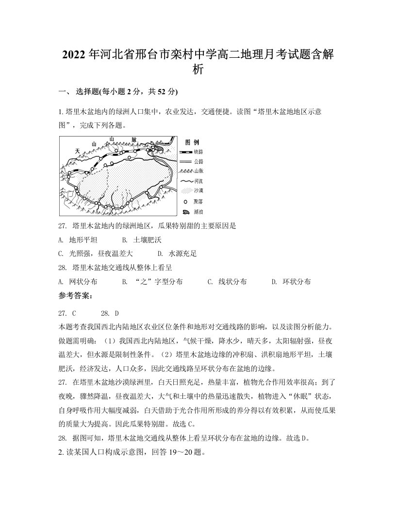 2022年河北省邢台市栾村中学高二地理月考试题含解析