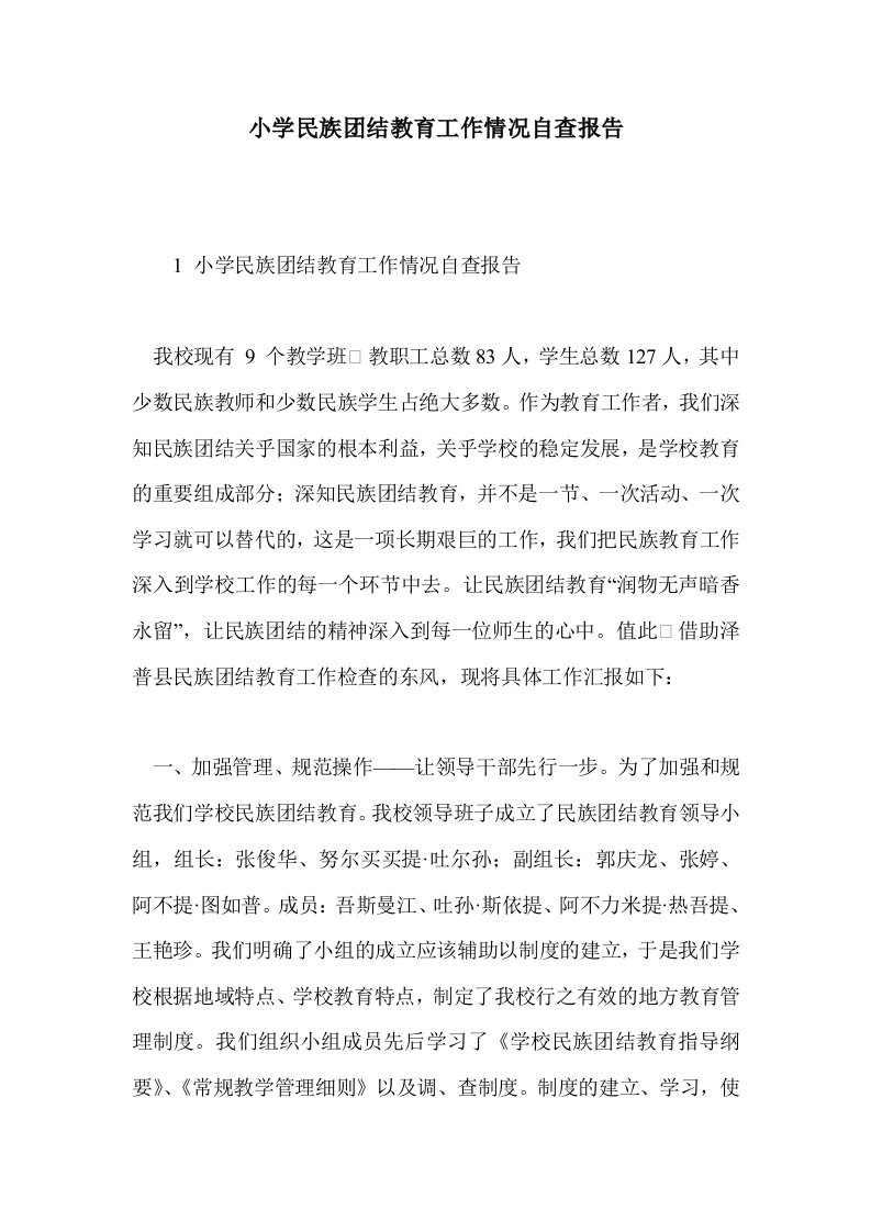 小学民族团结教育工作情况自查报告