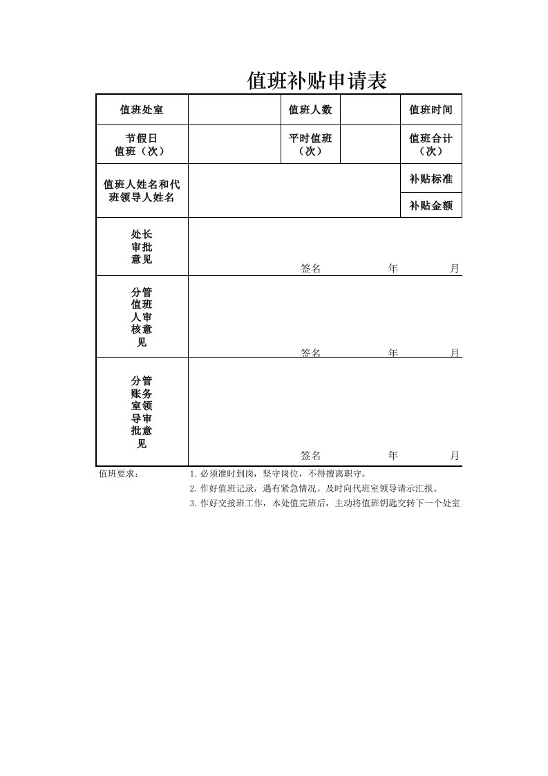 企业管理-值班补贴申请表