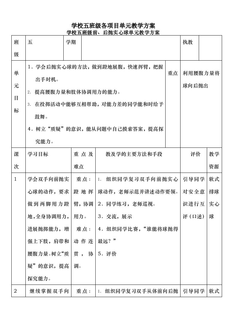 小学体育五年级各项目单元教学计划