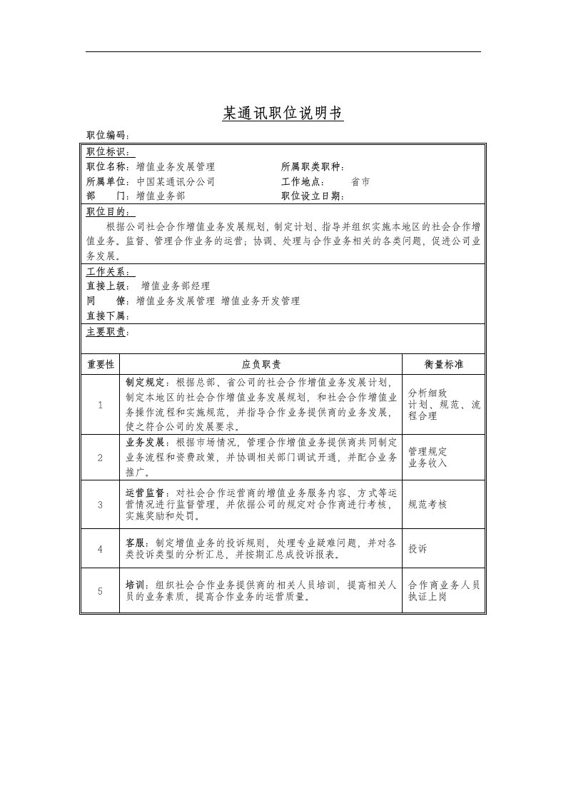 增值业务发展管理岗位说明书