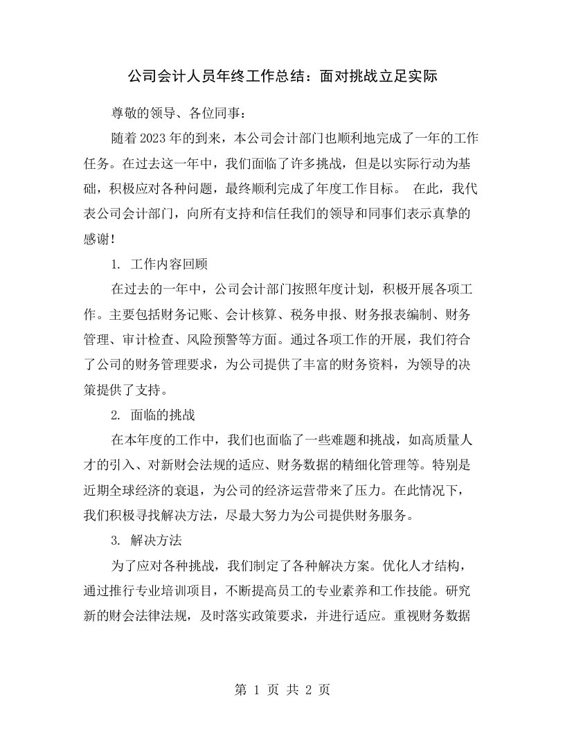 公司会计人员年终工作总结：面对挑战立足实际