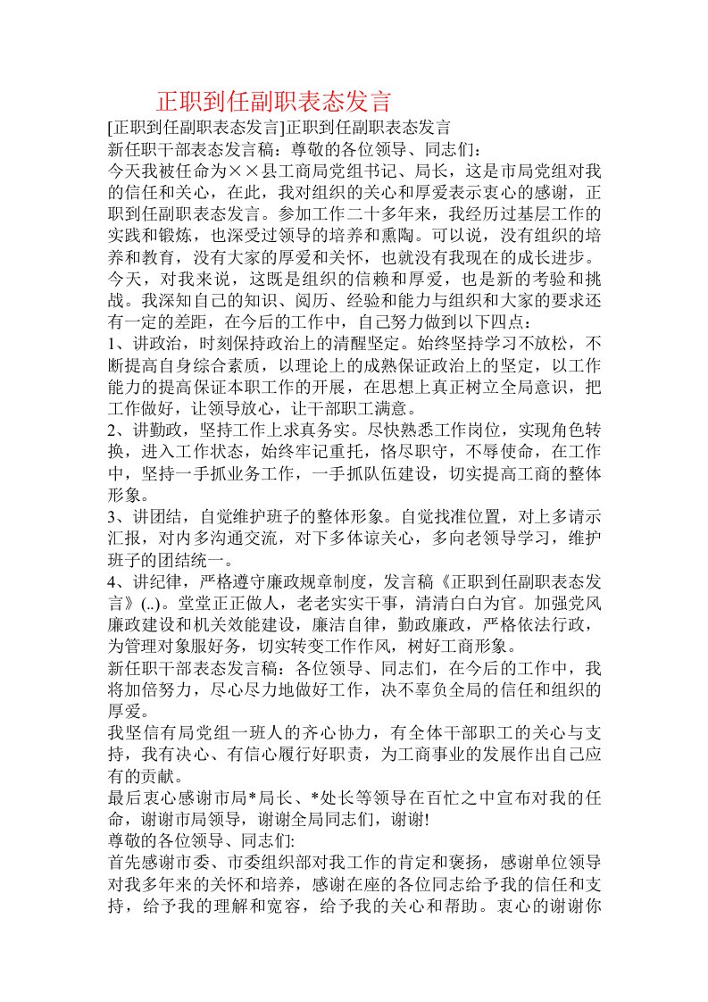 正职到任副职表态发言