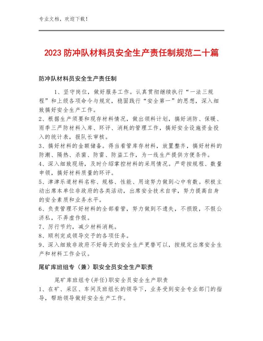 2023防冲队材料员安全生产责任制规范二十篇