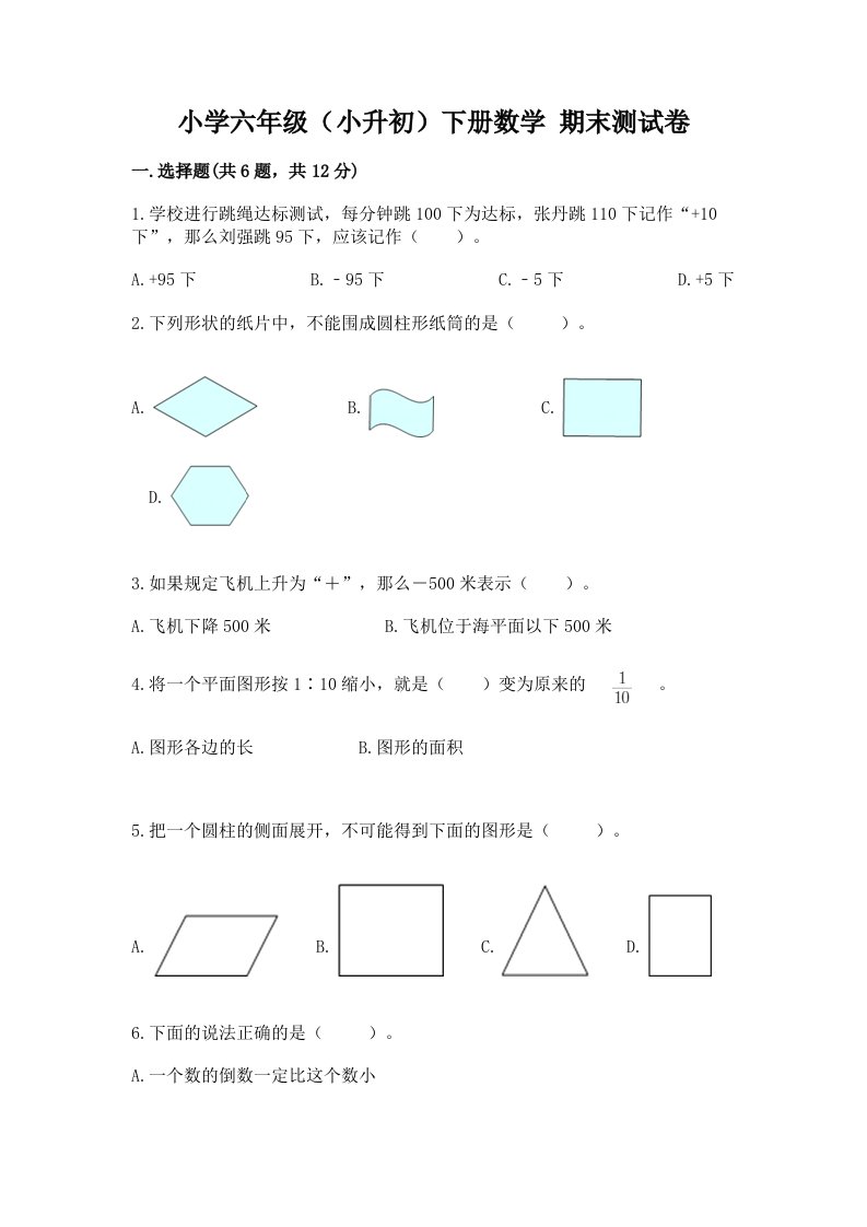 小学六年级（小升初）下册数学