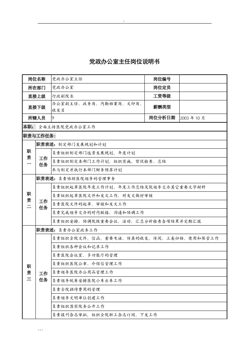 精选湖北新华医院党政办公室主任岗位说明书