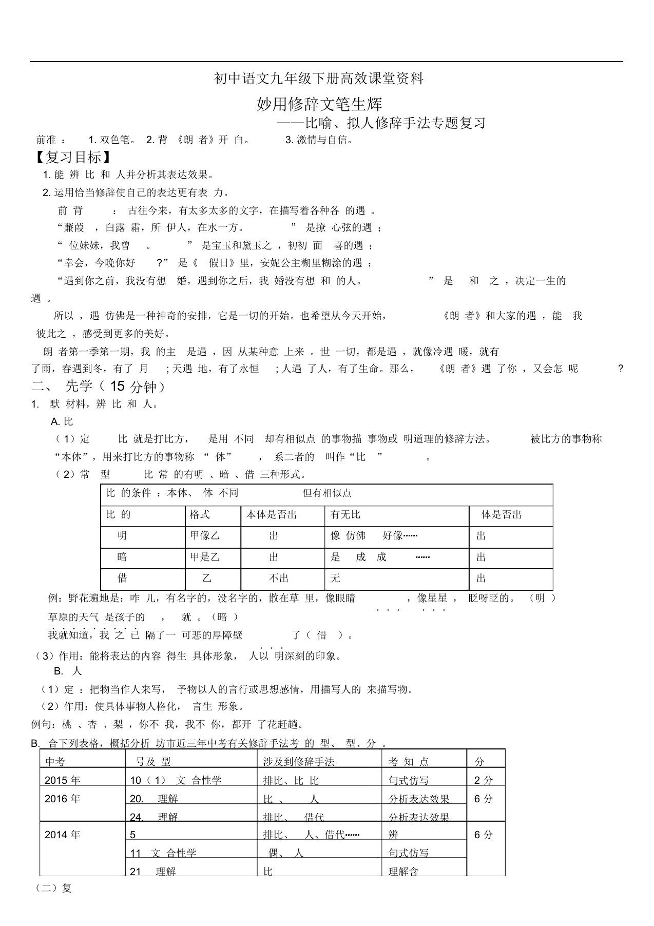 初中语文九年级下册高效课堂资料17修辞手法复习学案设计