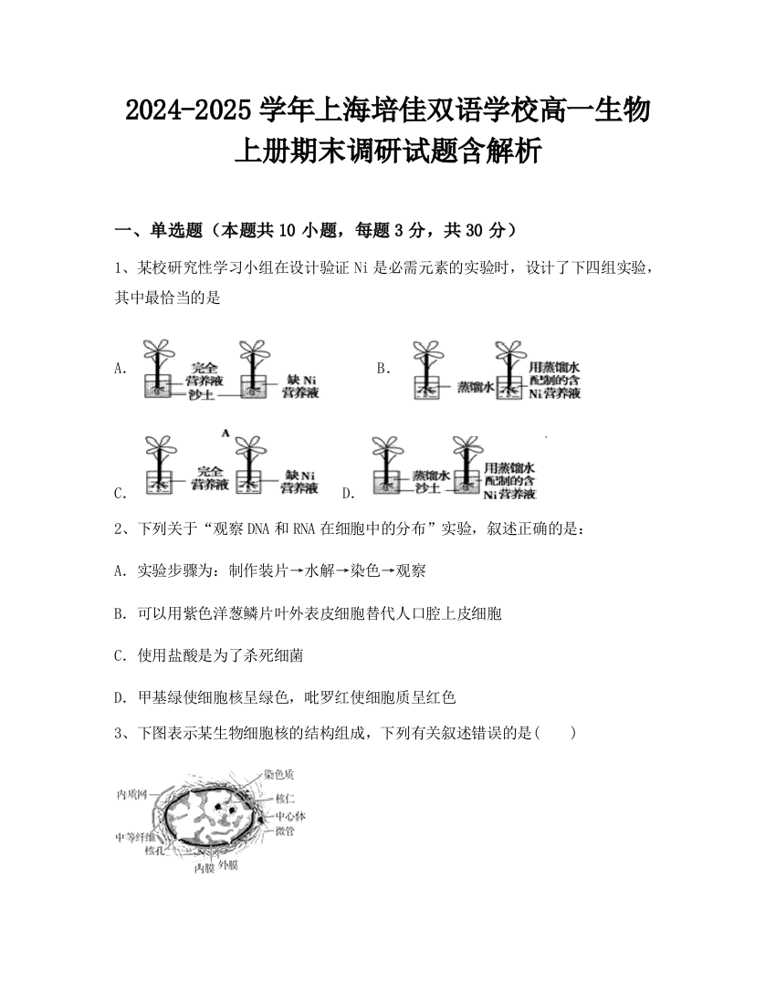 2024-2025学年上海培佳双语学校高一生物上册期末调研试题含解析