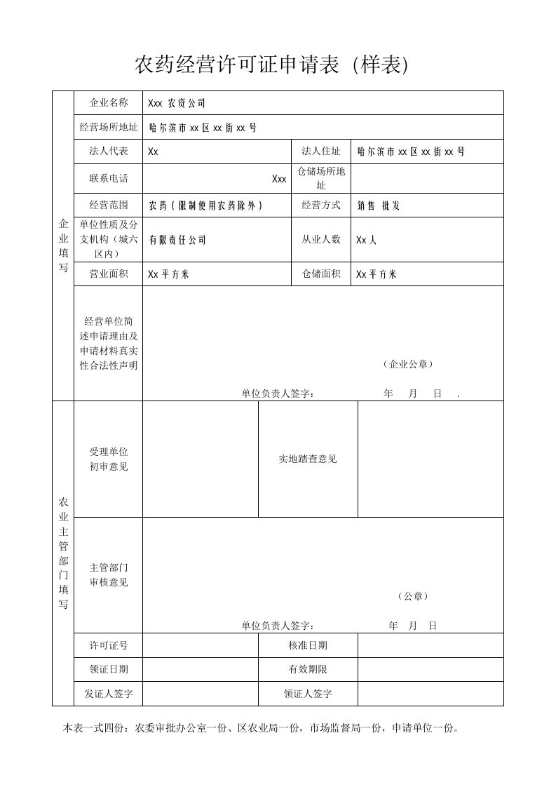 农药经营许可证申请表（样表）