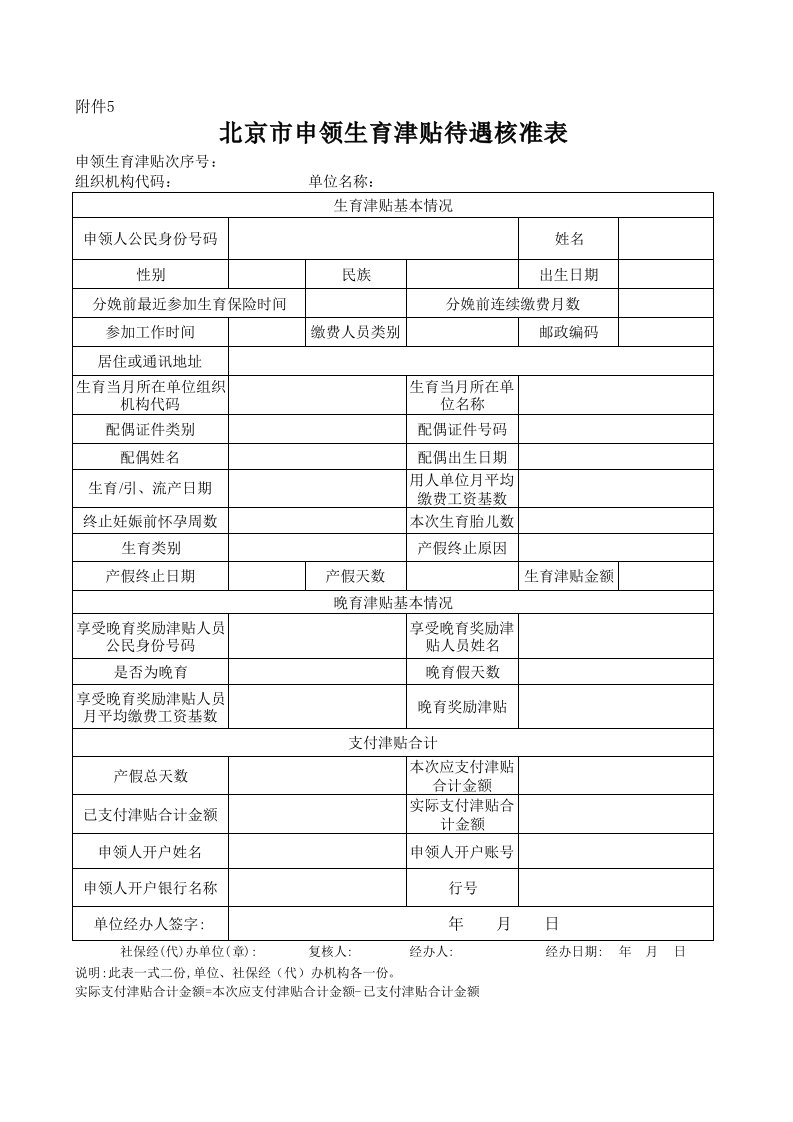 北京市申领生育津贴待遇核准表xls