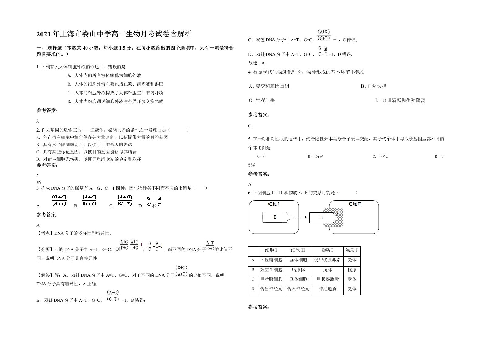 2021年上海市娄山中学高二生物月考试卷含解析