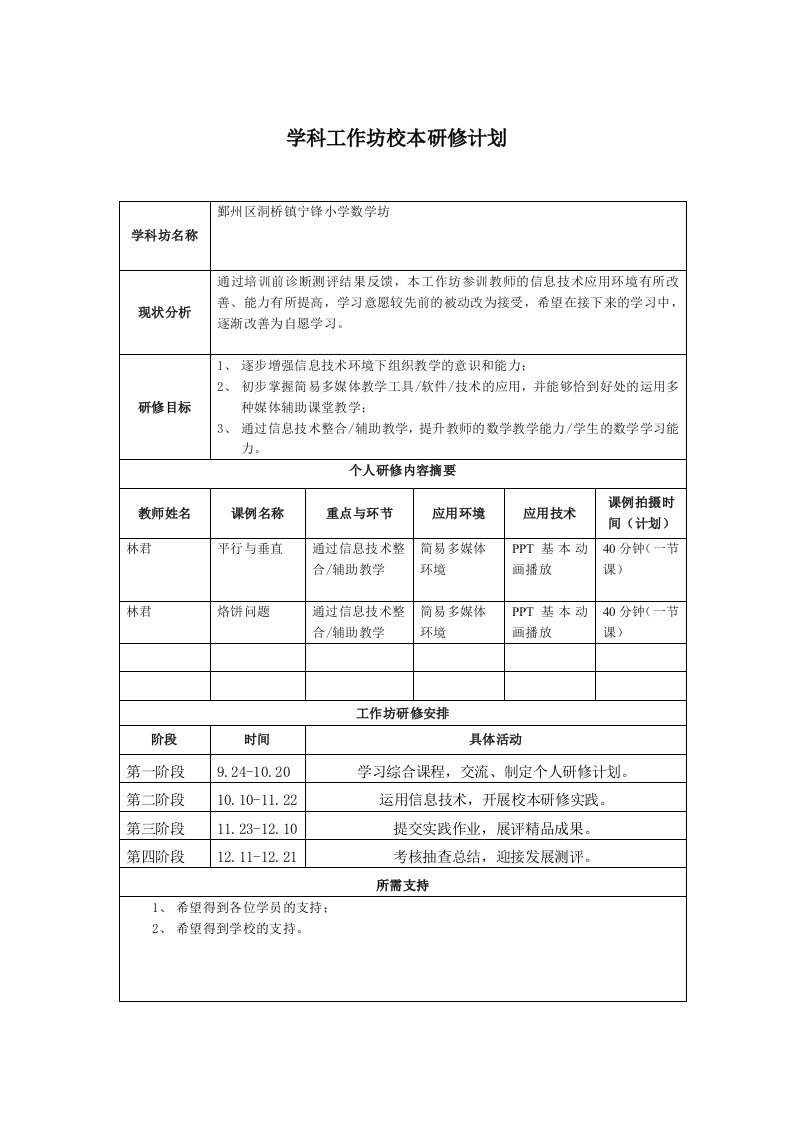 学科工作坊校本研修计划（学科工作坊坊主填写）---林君