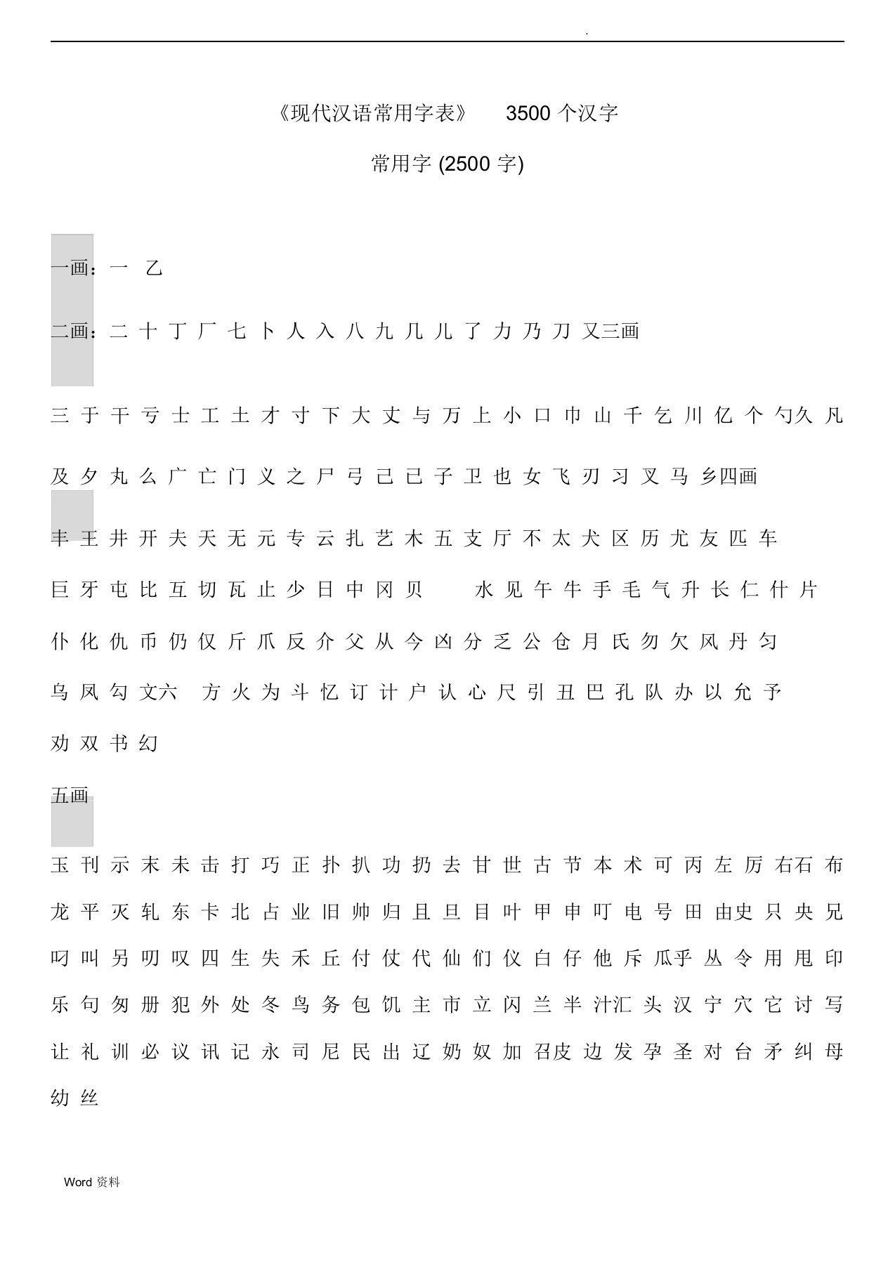 小学生语文3500个常用汉字表格