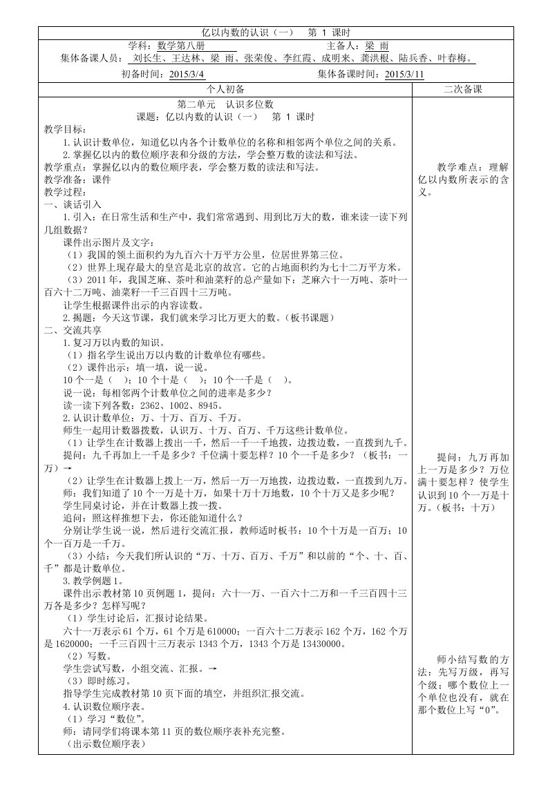 新苏教版四年级数学下册第2周集体备课教案