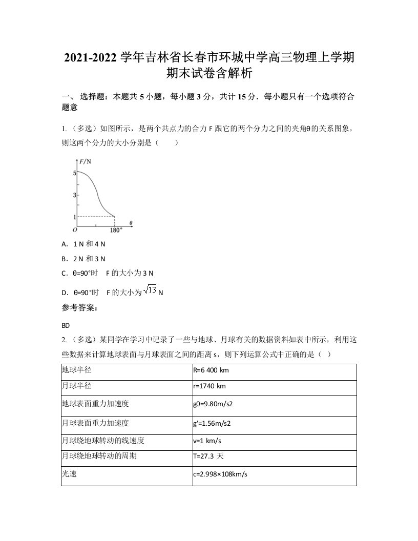 2021-2022学年吉林省长春市环城中学高三物理上学期期末试卷含解析