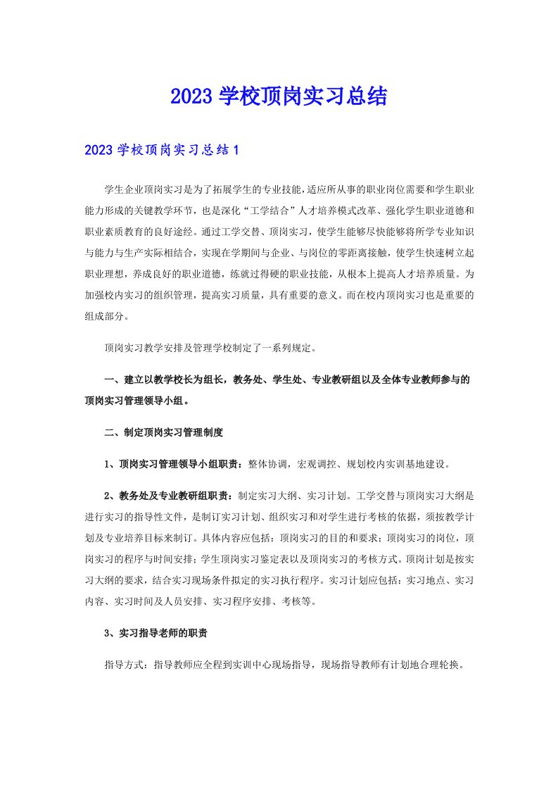 2023学校顶岗实习总结