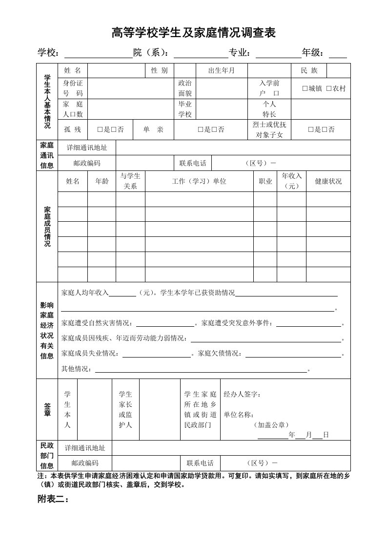 贫困认定调查表和申请表