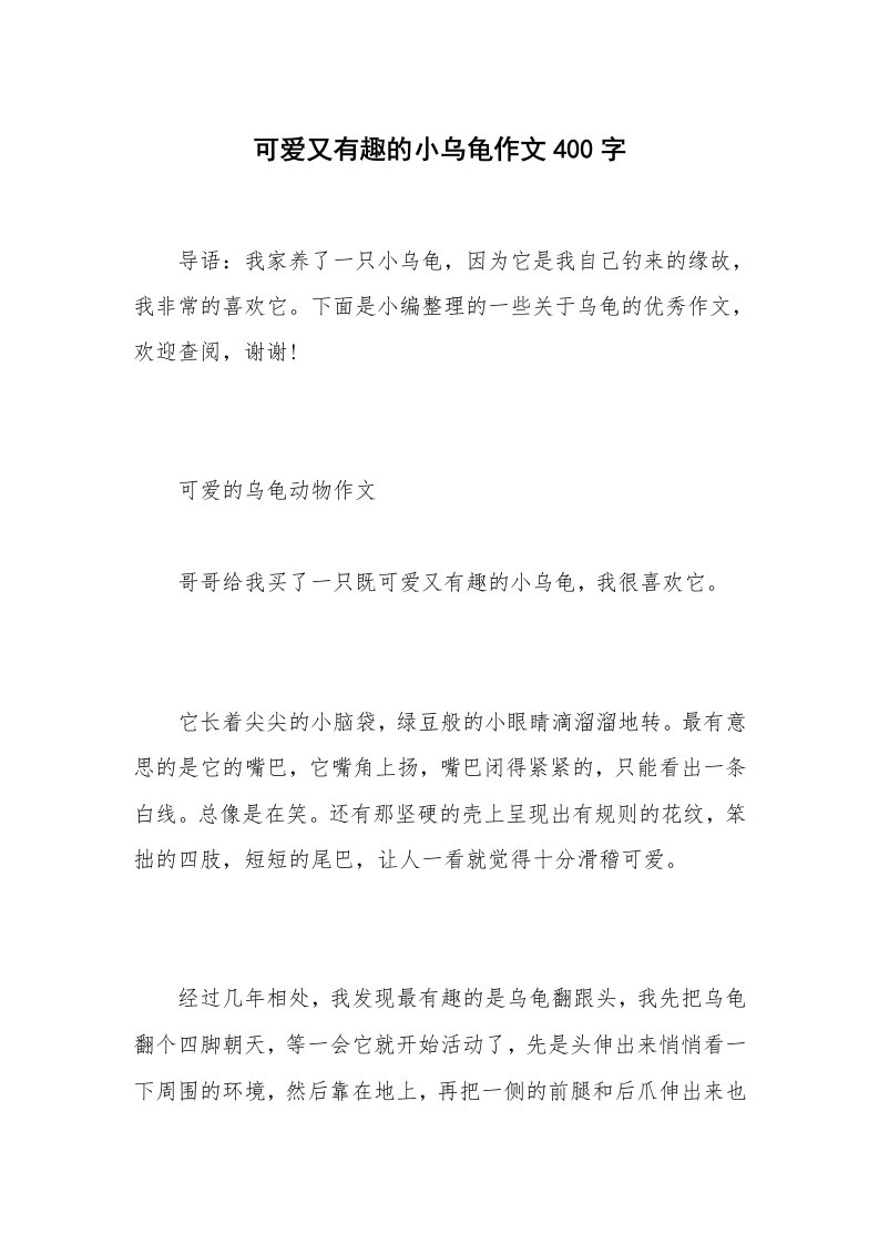 可爱又有趣的小乌龟作文400字