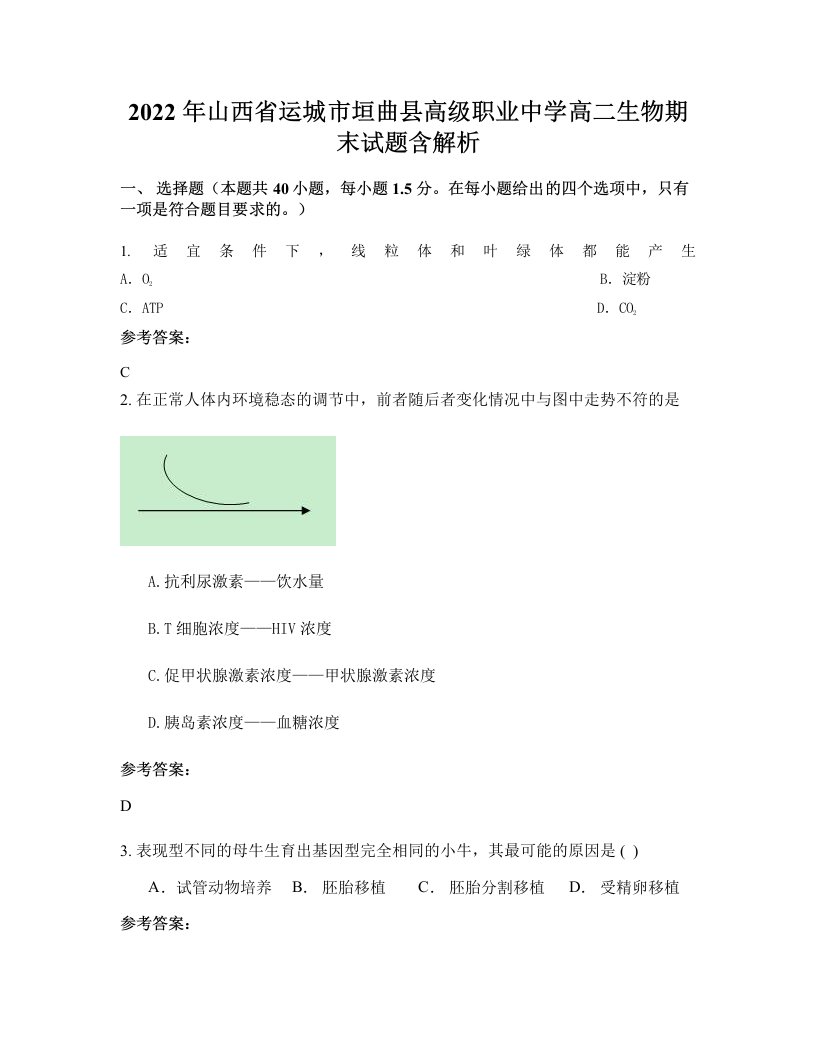 2022年山西省运城市垣曲县高级职业中学高二生物期末试题含解析