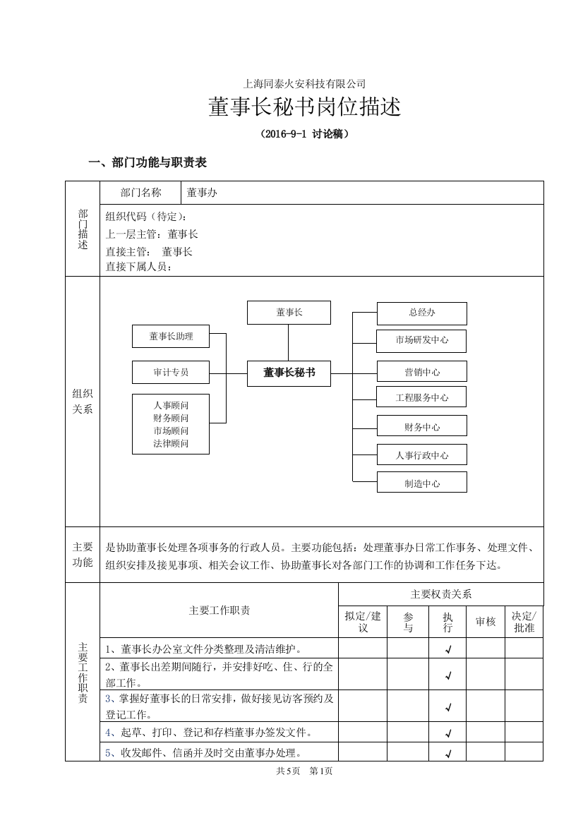 董事长秘书岗位说明书