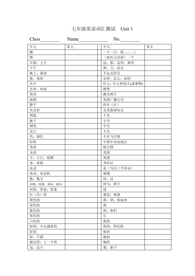 新目标七年级上册英语词汇Unit