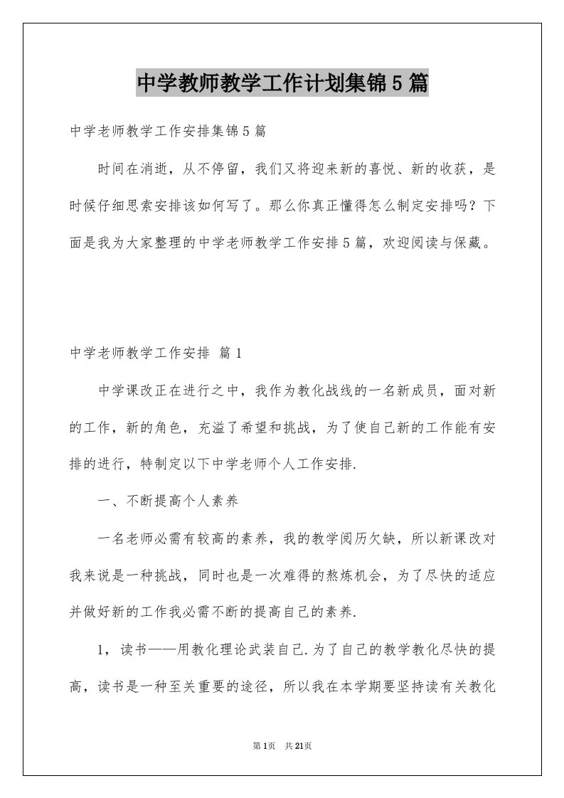 中学教师教学工作计划集锦5篇