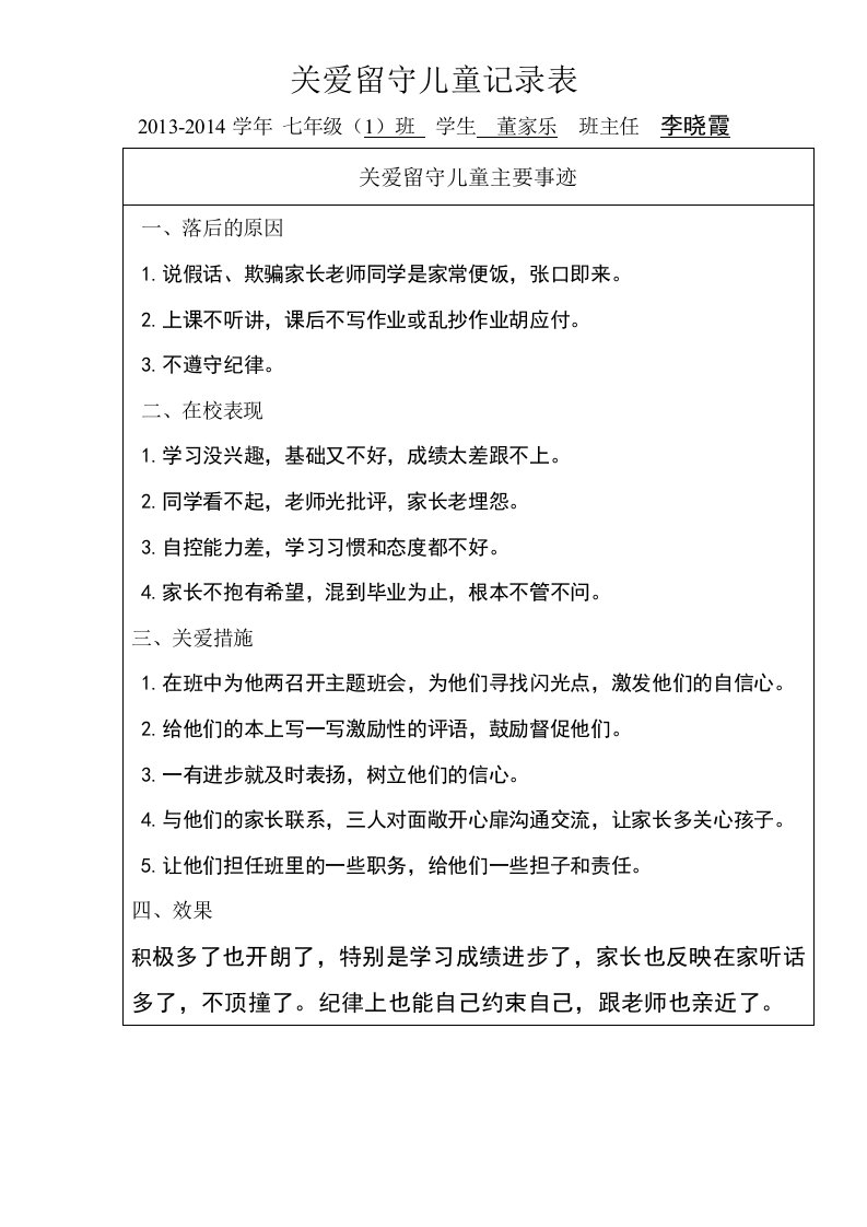 关爱留守儿童记录表