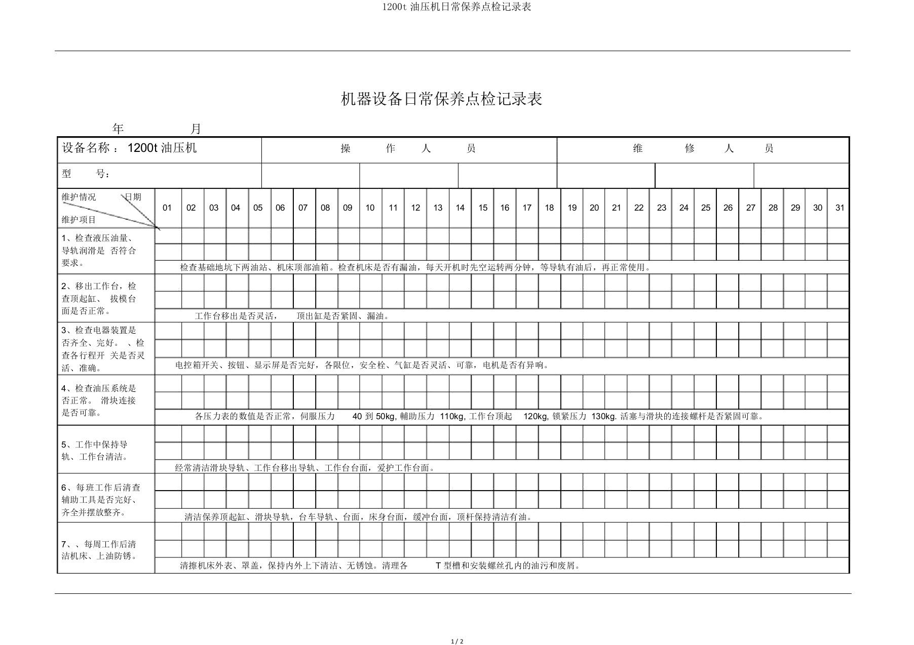 1200t油压机日常保养点检记录表