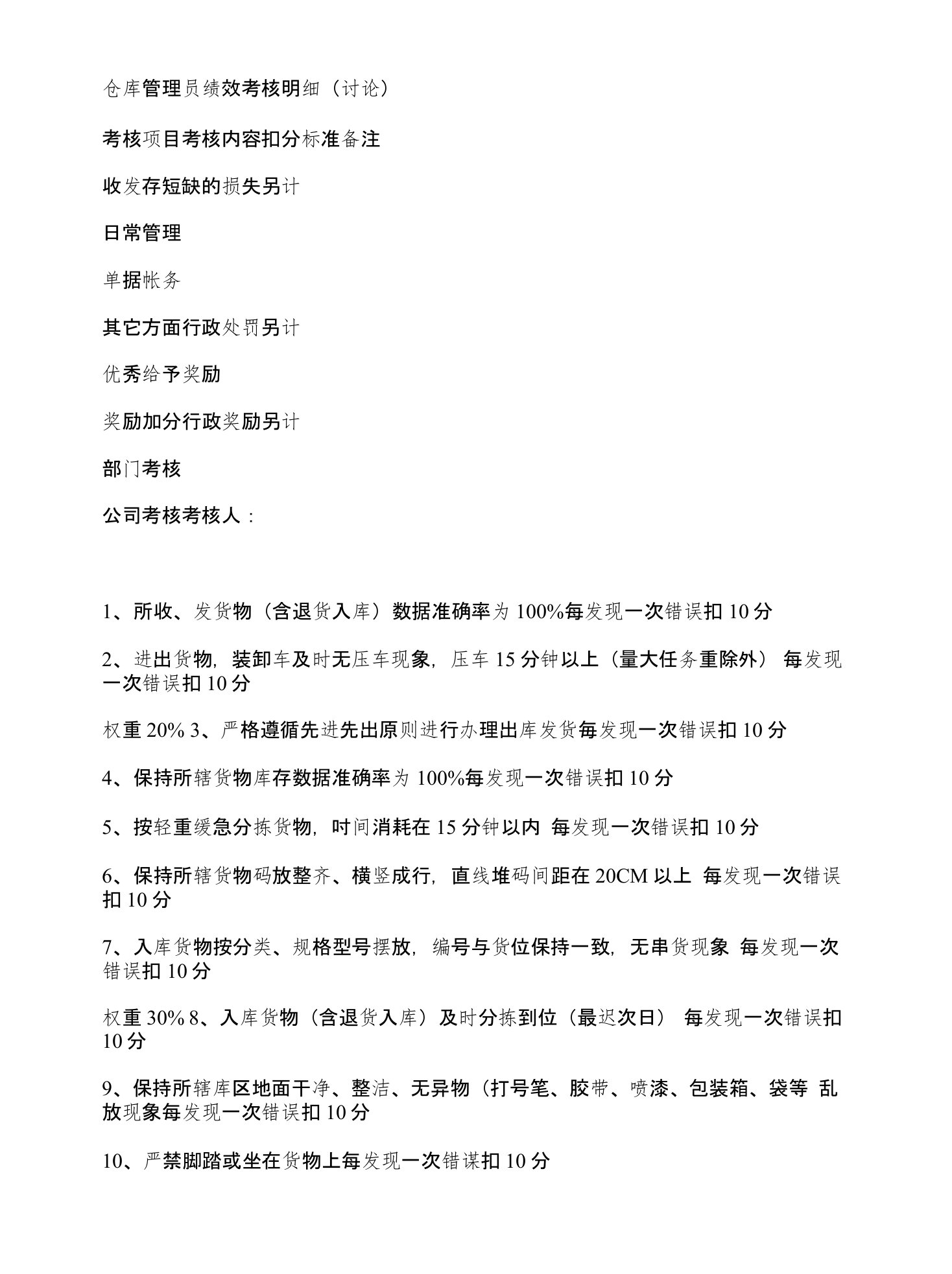 KPI仓库管理员绩效考核明细