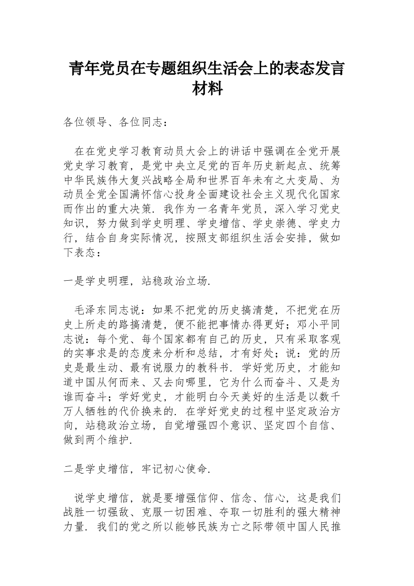 青年党员在专题组织生活会上的表态发言材料