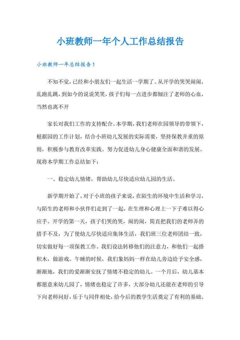 小班教师一年个人工作总结报告